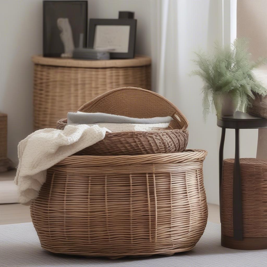 A cozy living room featuring a wicker blanket storage basket placed strategically near a sofa, adding a touch of warmth and texture to the space while providing convenient storage for blankets.