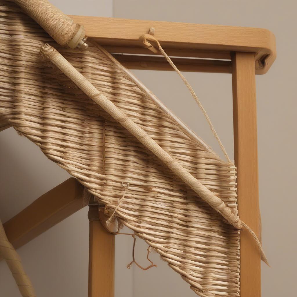 Close-up view of wicker blind components, including slats, lift cords, ladder cords, and headrail