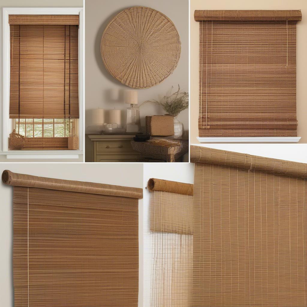 Different styles of wicker blinds including roman, woven, and matchstick