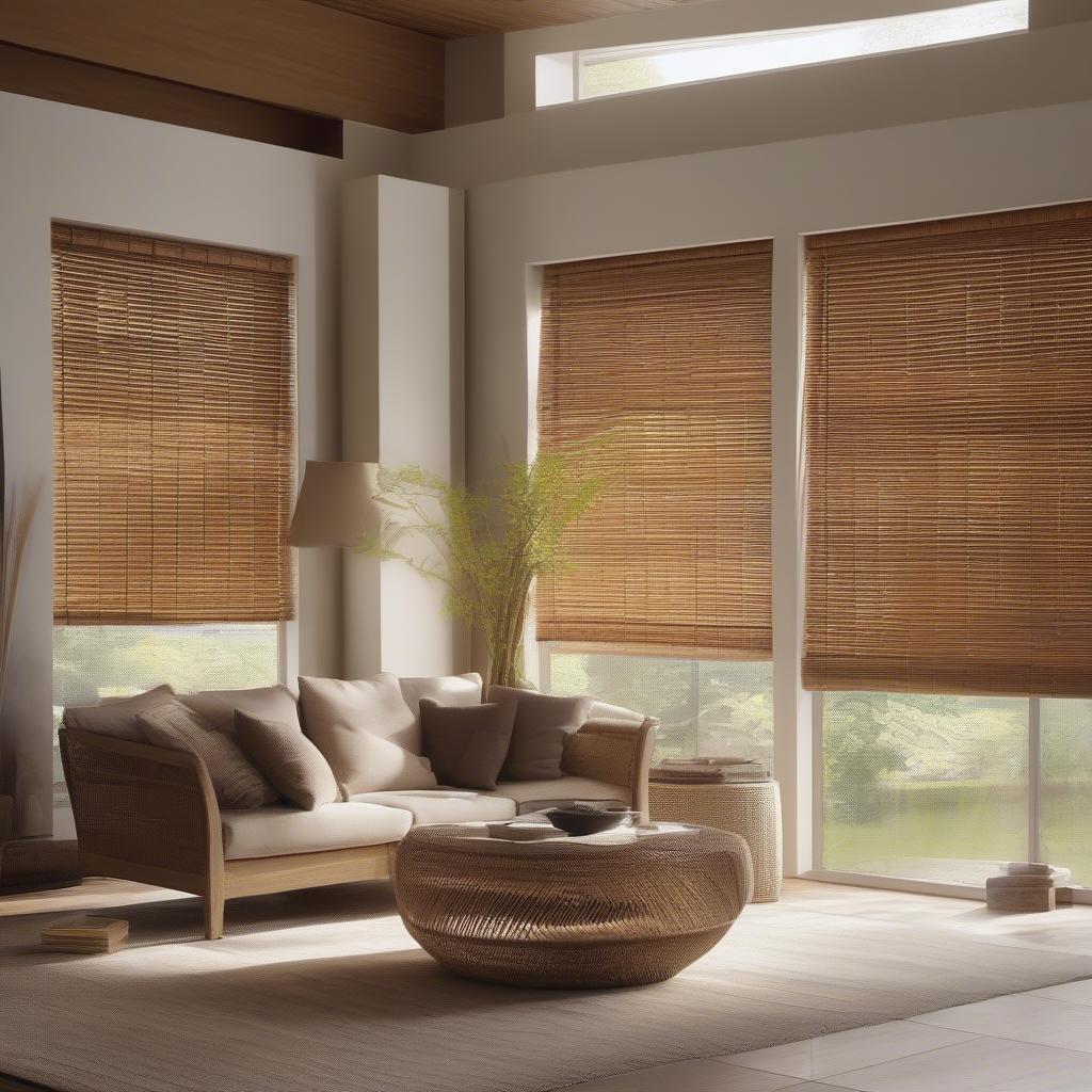 Wicker Blinds Providing Light Filtering and Privacy in a Living Room