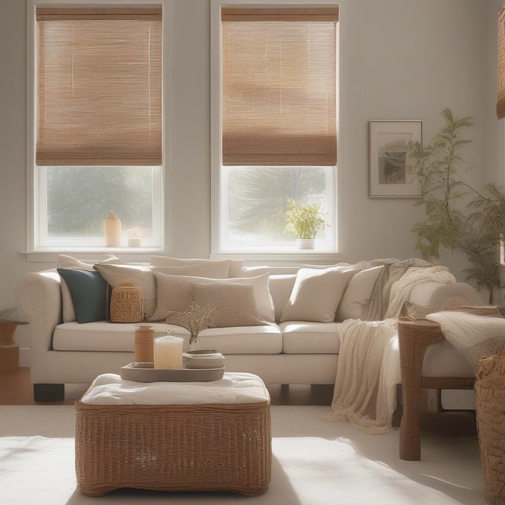 Wicker blinds in a Calgary living room, filtering soft sunlight and adding a touch of natural elegance.