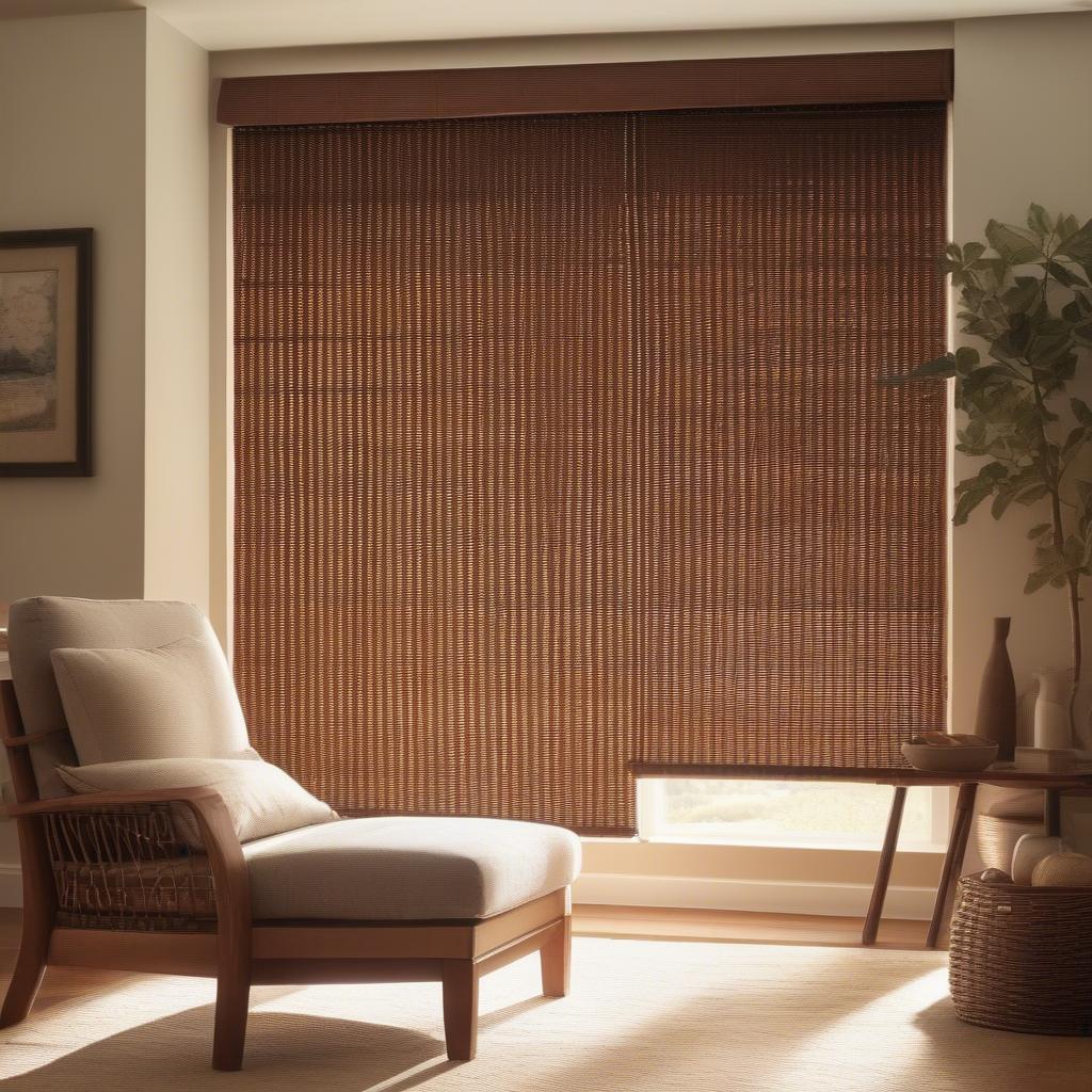 Wicker blinds filtering natural light in a living room