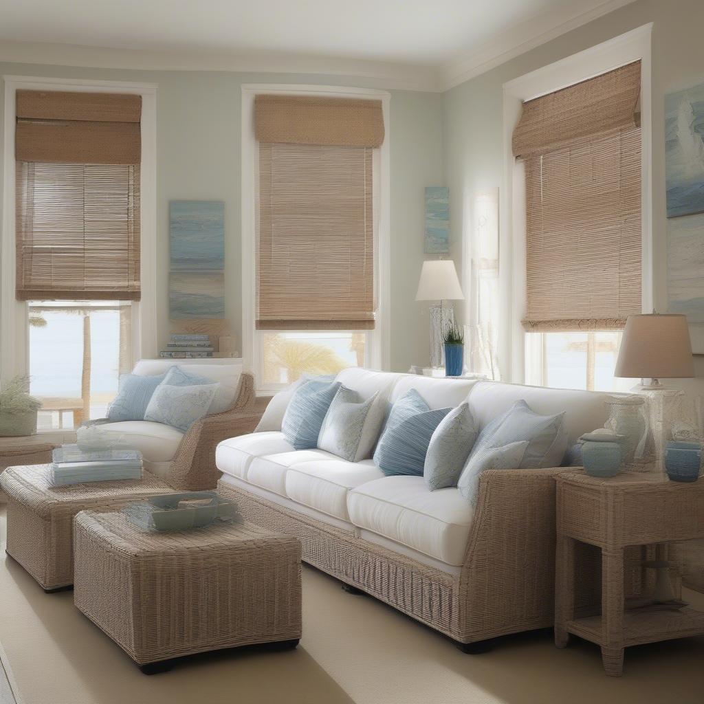 Wicker Venetian blinds perfectly complement a coastal-themed room.