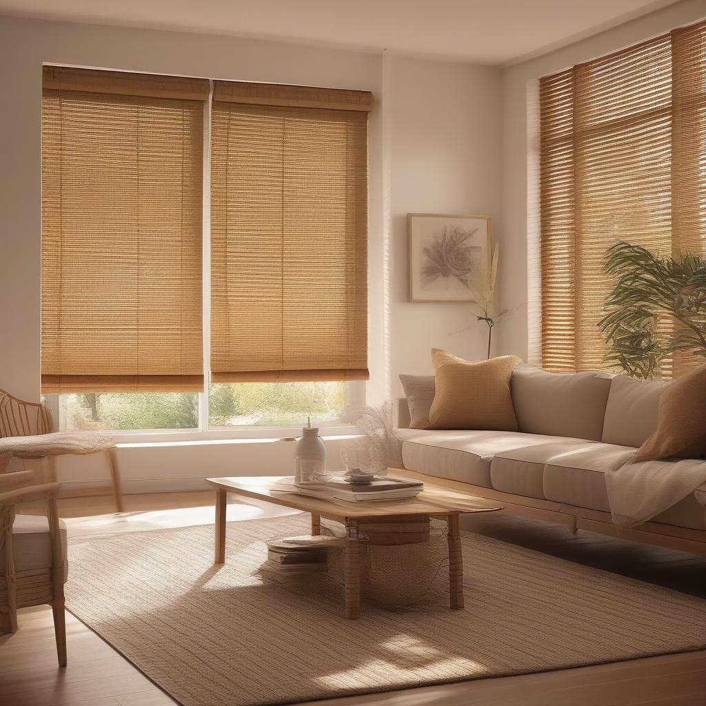 Wicker blinds filtering sunlight in a living room