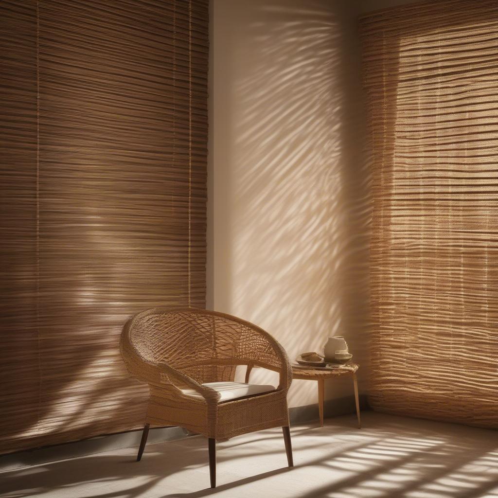 Sunlight filtering through wicker blinds, creating a warm and inviting atmosphere in a room.