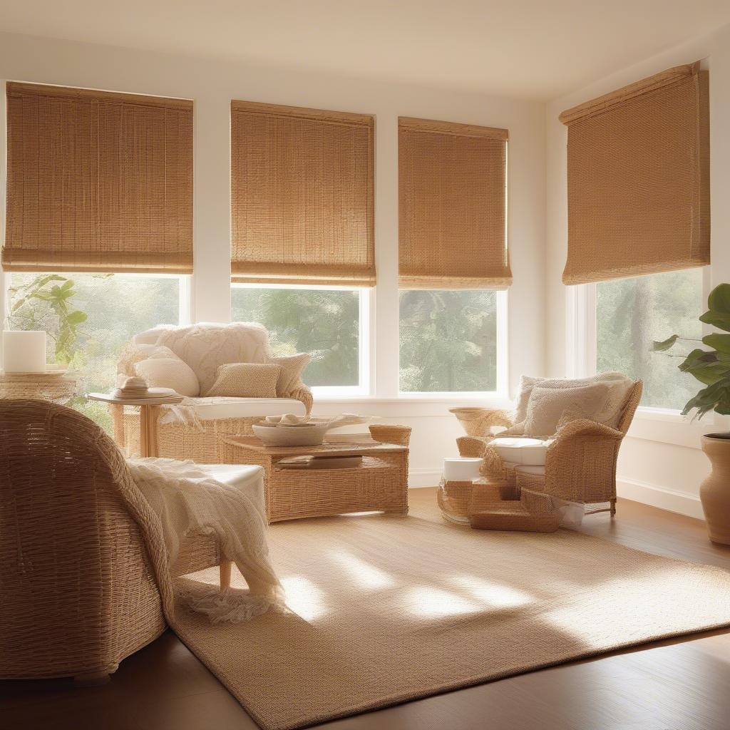 Wicker blinds in a living room setting, filtering sunlight and adding a touch of natural elegance.