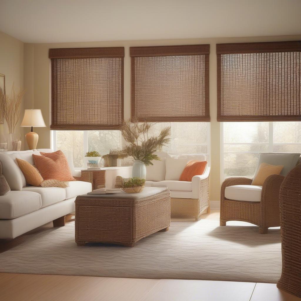 Wicker blinds made to measure in a living room setting.