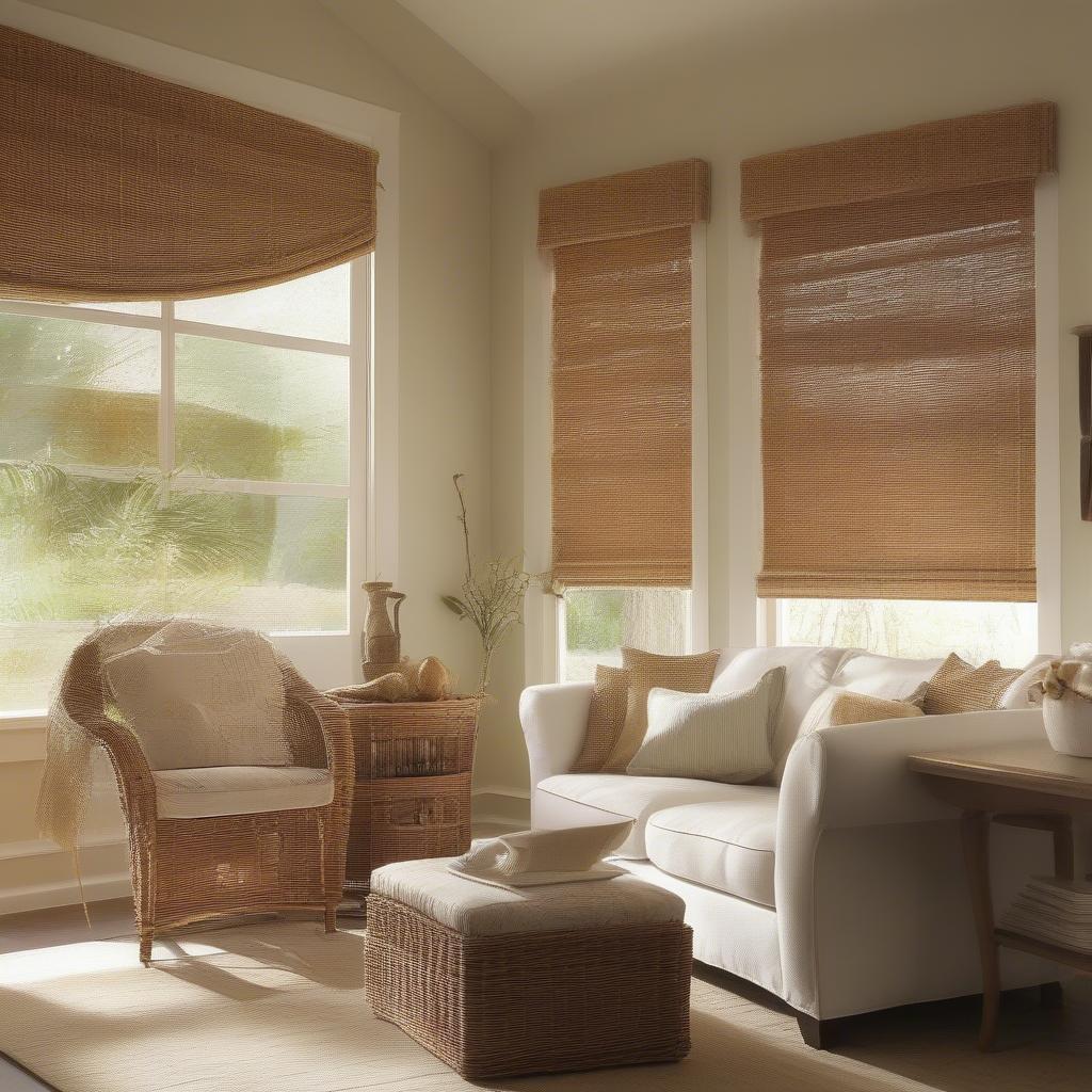 Wicker blinds filtering natural sunlight in a living room