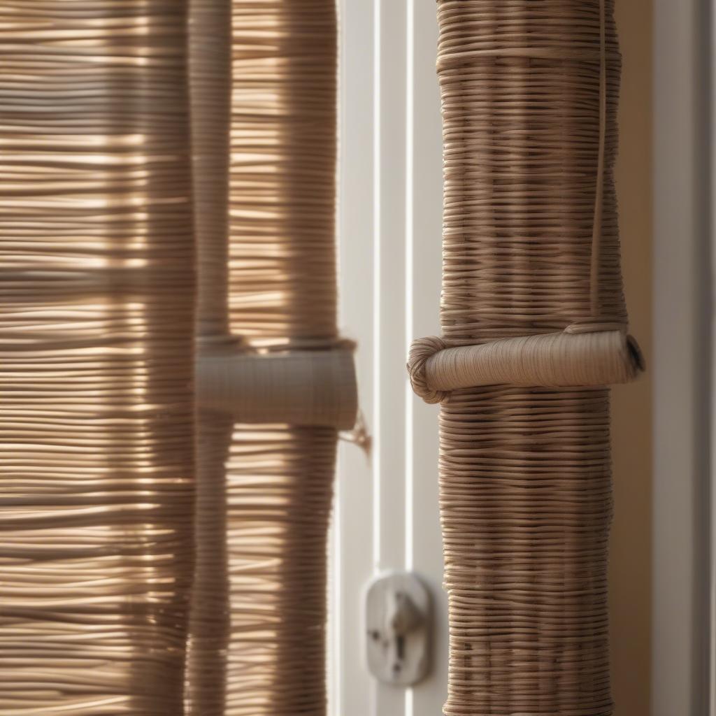 Wicker blinds elegantly draped over a set of white french doors, filtering soft light into a sunlit room.