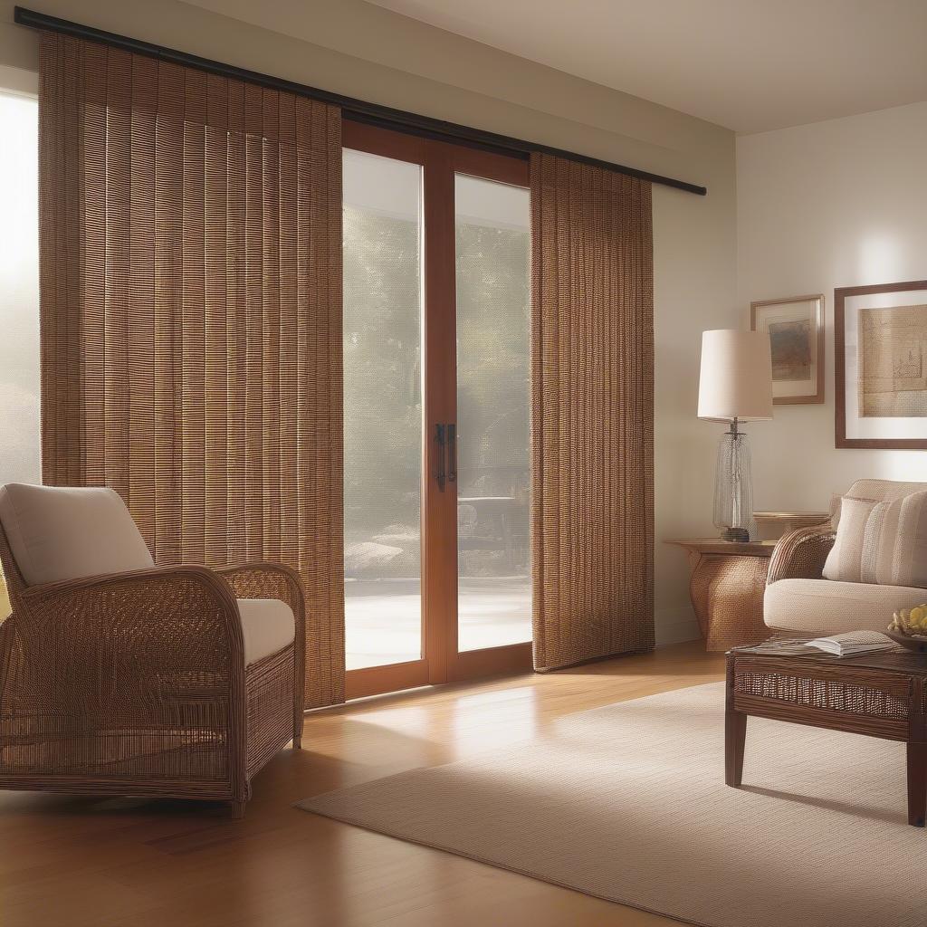 Wicker blinds on sliding glass doors allowing natural light to filter through