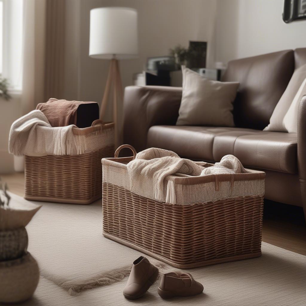 Wicker Brown Storage Bins in Living Room Setting