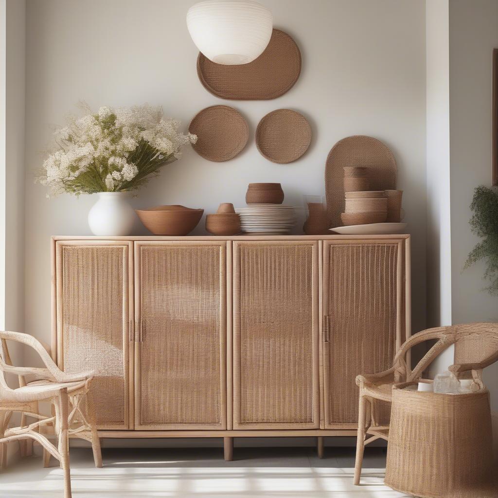 Wicker buffet cabinet in a modern dining room setting, showcasing its storage and display capabilities.