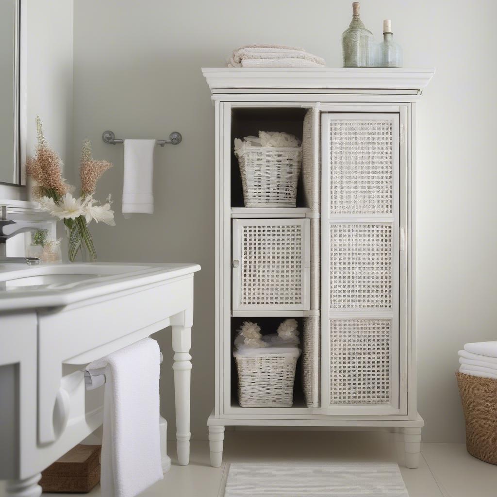 A wicker cabinet in a bathroom, showcasing its functionality and aesthetic appeal.