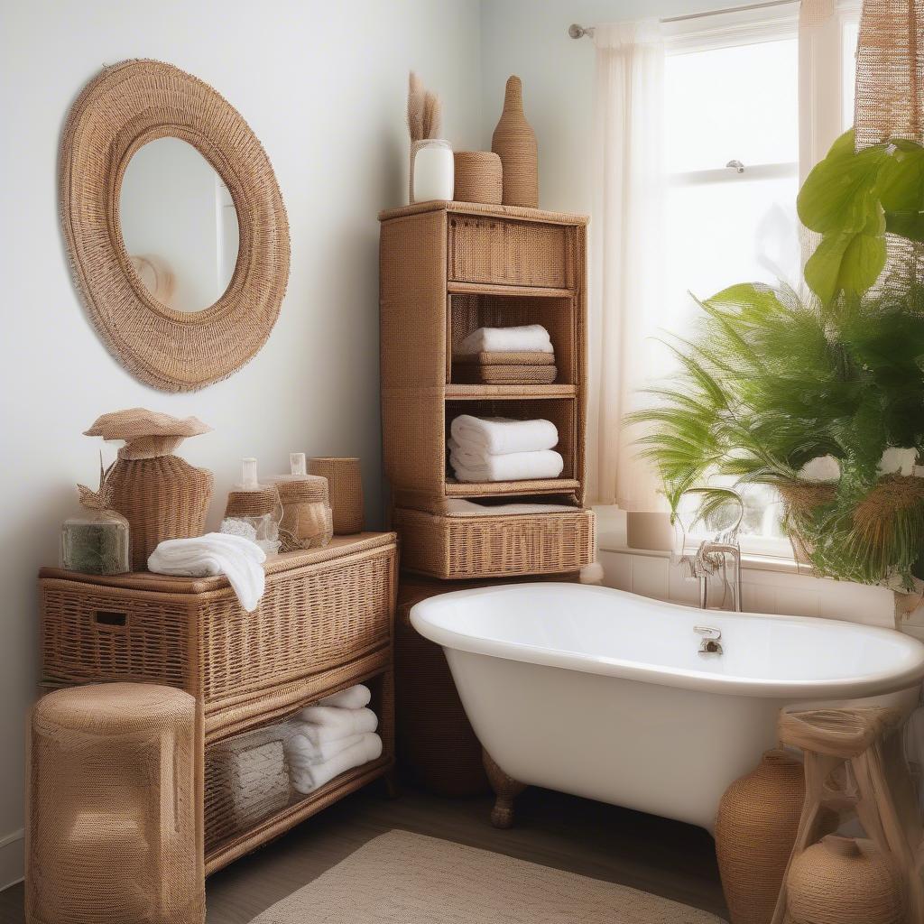 Wicker cabinet in a bathroom with various accessories, showcasing styling options.