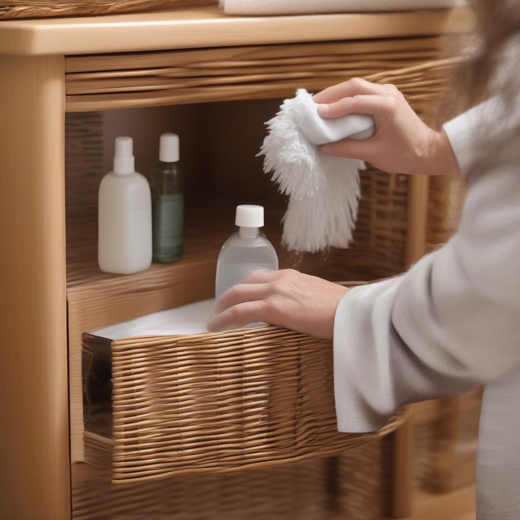 Cleaning and maintaining a wicker cabinet in the bathroom, showcasing tools and techniques for proper care.