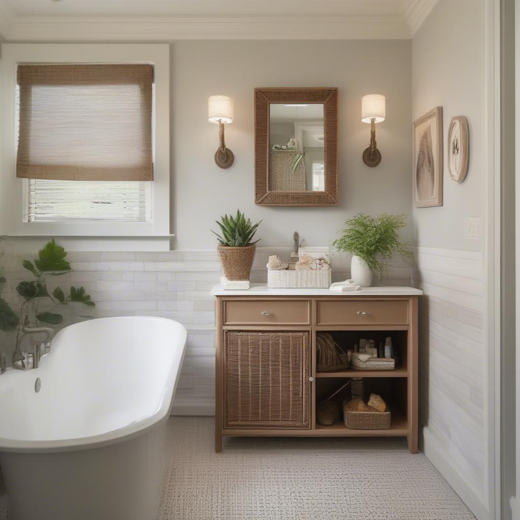 A wicker bathroom cabinet seamlessly integrated into a bathroom design, enhancing the overall aesthetic.