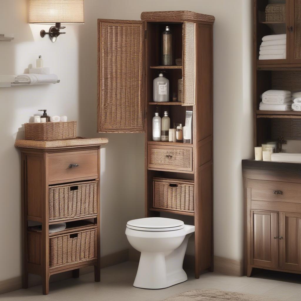 Wicker cabinet with mirror in a bathroom setting, showcasing its storage capacity and reflection.