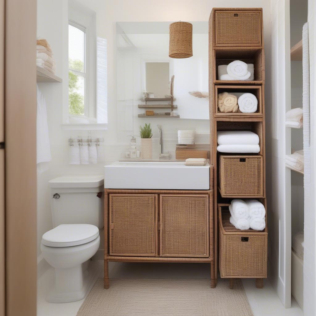 A small wicker cabinet used for storage in a bathroom setting