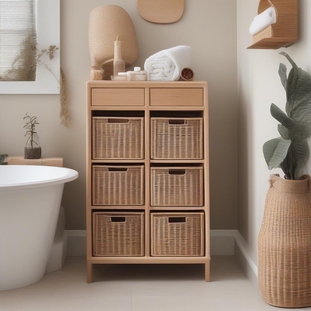 Wicker cabinet providing stylish storage solution in a modern bathroom