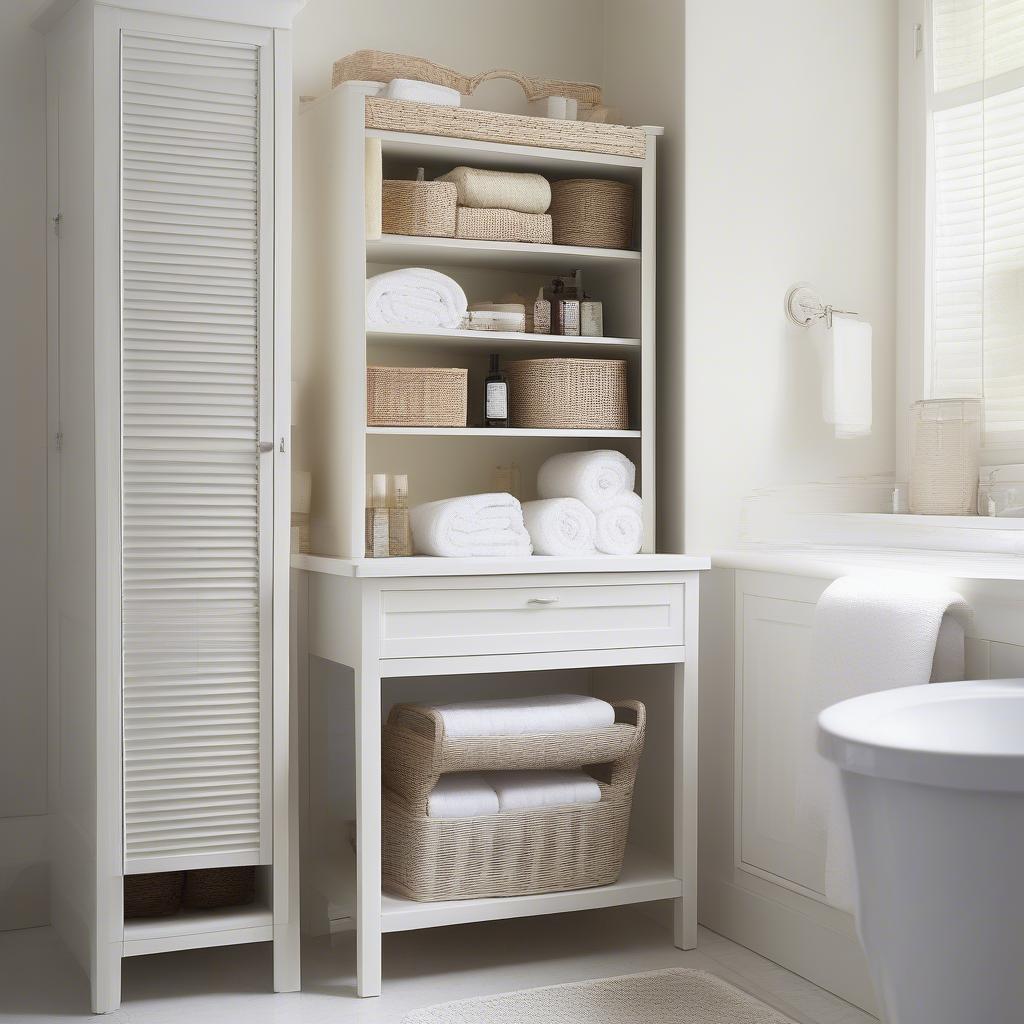 Wicker cabinet in a bathroom, providing stylish storage for towels and toiletries.