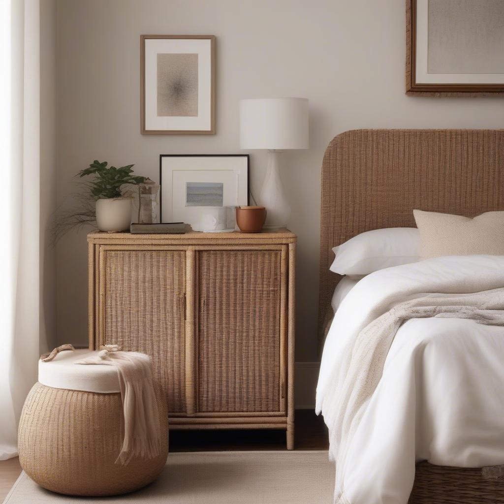 Wicker cabinet in a bedroom setting