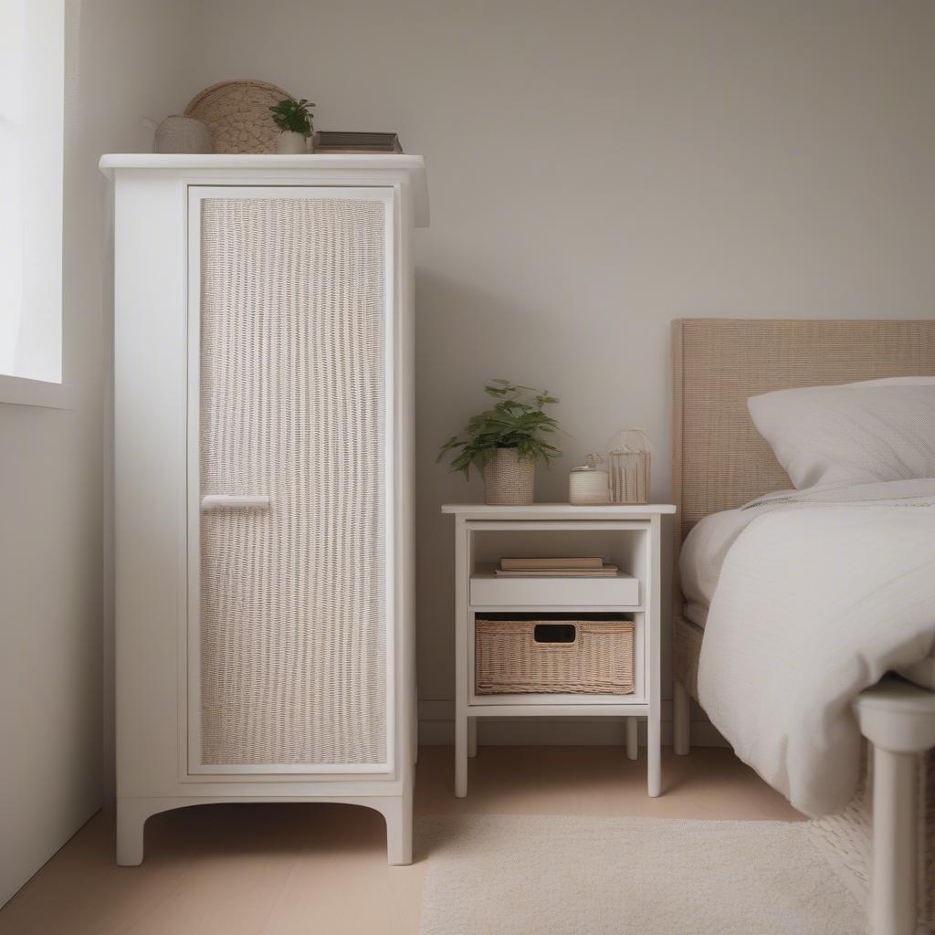 White wicker cabinet used as a nightstand in a bedroom