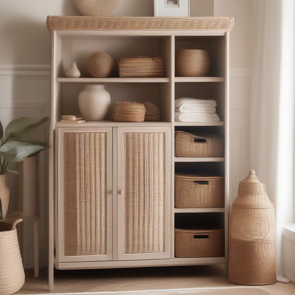 A wicker cabinet in a bedroom setting, used as a stylish storage solution.