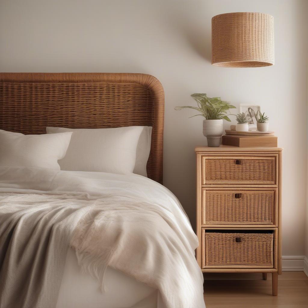 Wicker cabinet with drawers used as a nightstand in a cozy bedroom, showcasing its versatility and charm.