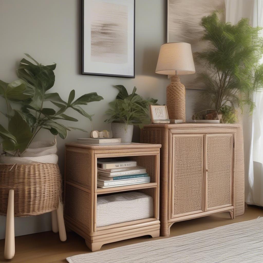 Wicker single drawer cabinet used as a nightstand