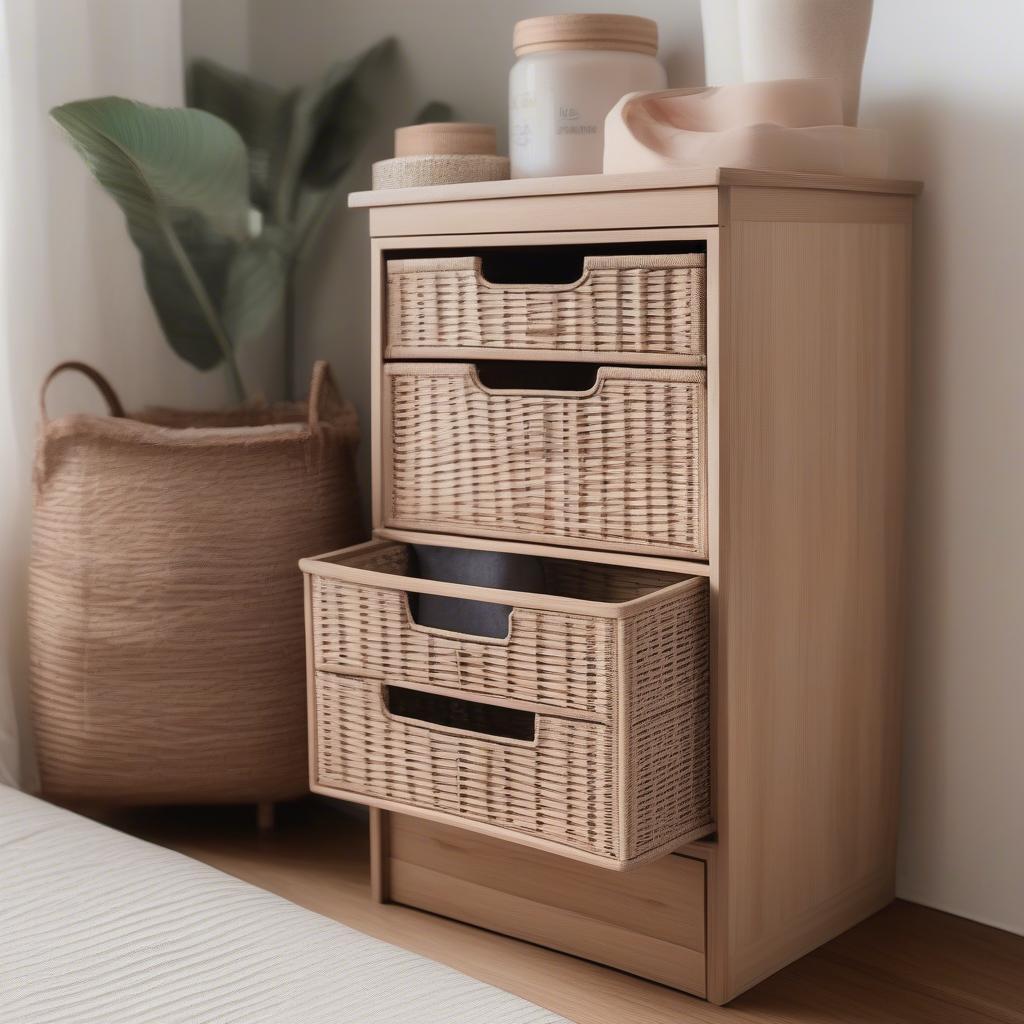 Wicker cabinet used for bedroom organization