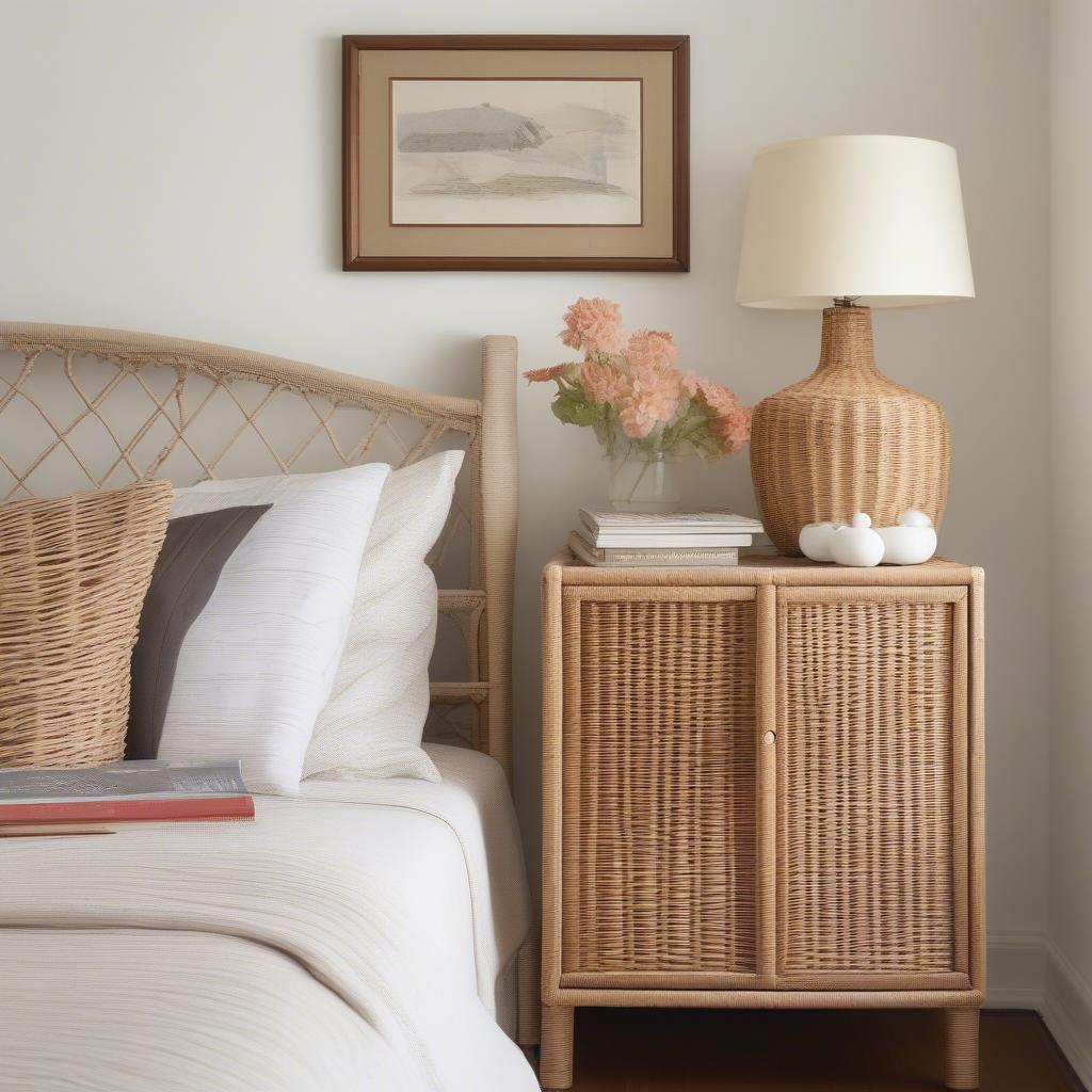 Wicker cabinet offering stylish organization in a bedroom