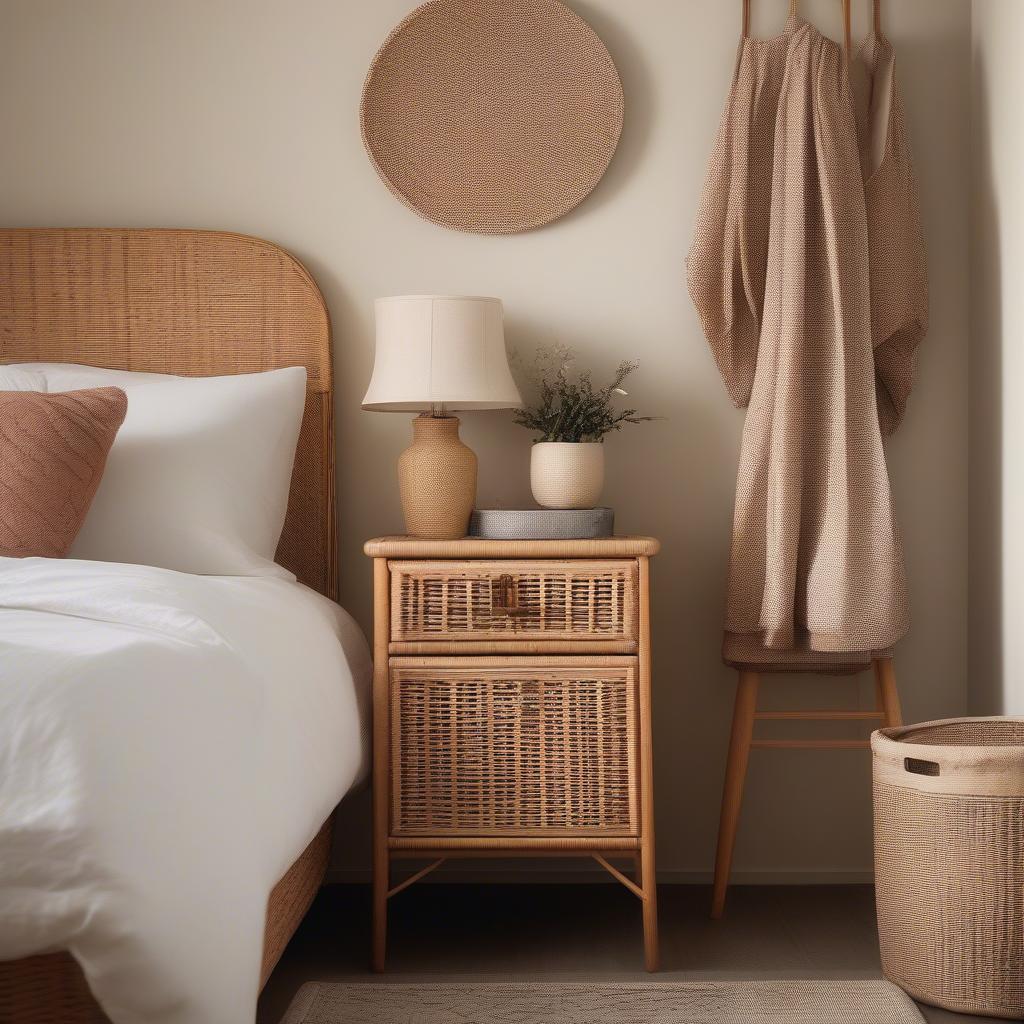 A wicker cabinet seamlessly integrated into a bedroom setting, showcasing its functionality and aesthetic appeal.