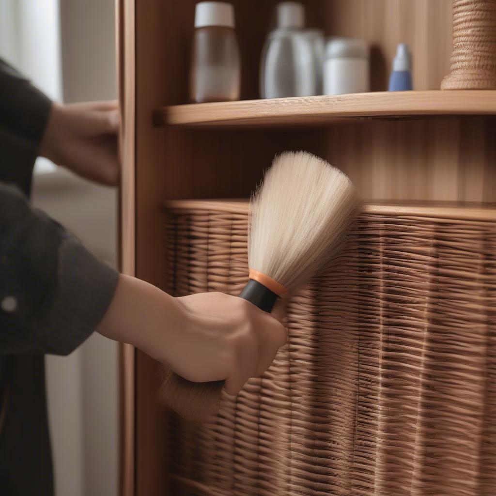 Cleaning tips for a wicker door cabinet, demonstrating how to maintain its pristine condition.