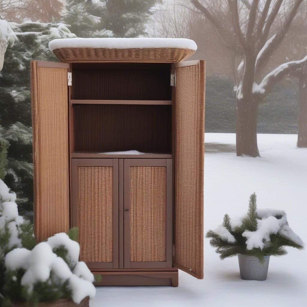 A wicker cabinet covered with a waterproof cover during winter.