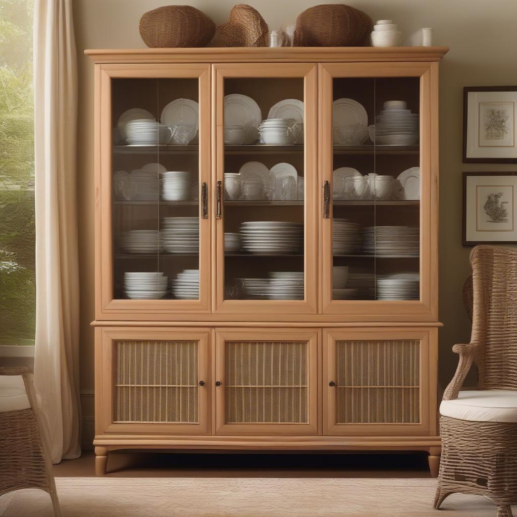 Wicker cabinet in a dining room used for storing dishes and glassware