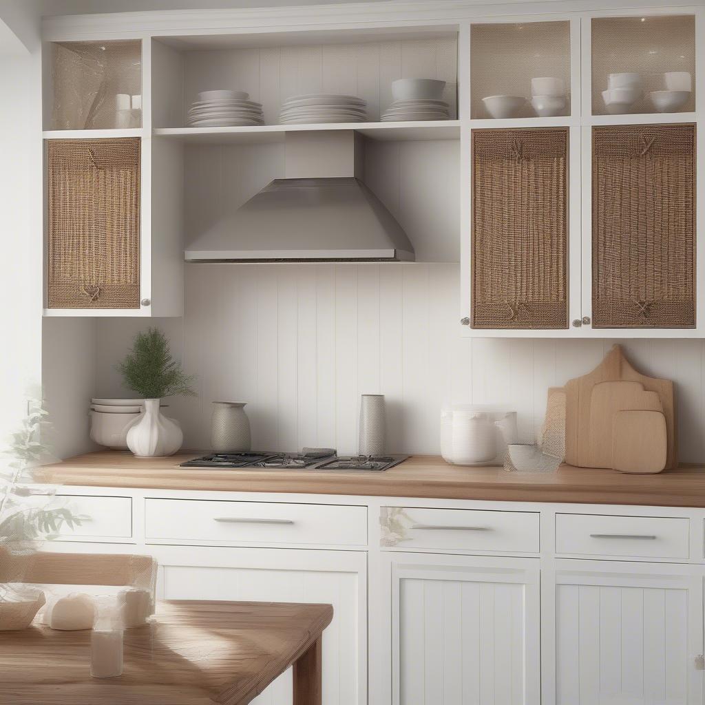 Wicker cabinet door inserts in a kitchen setting