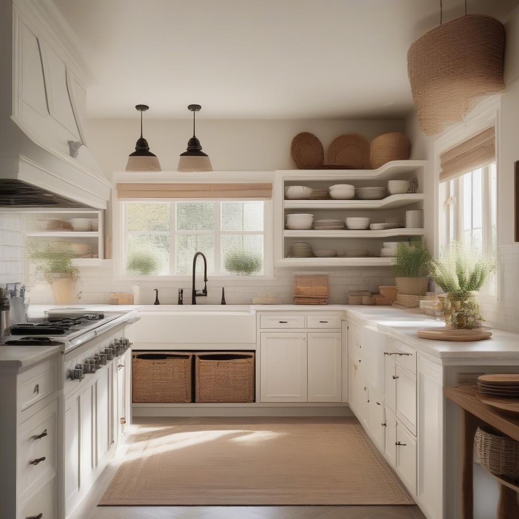 Wicker cabinet doors featured in a bright, airy farmhouse kitchen