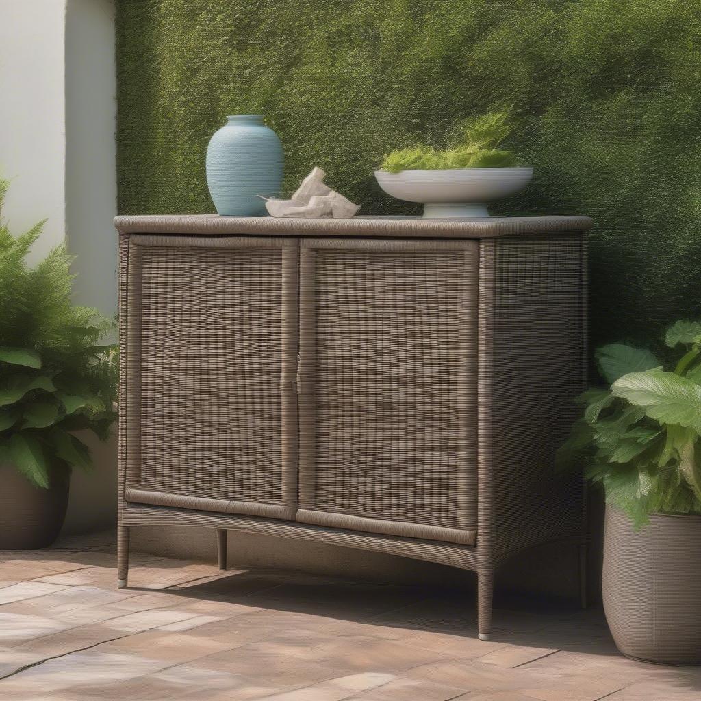 An all weather wicker cabinet in a garden setting.