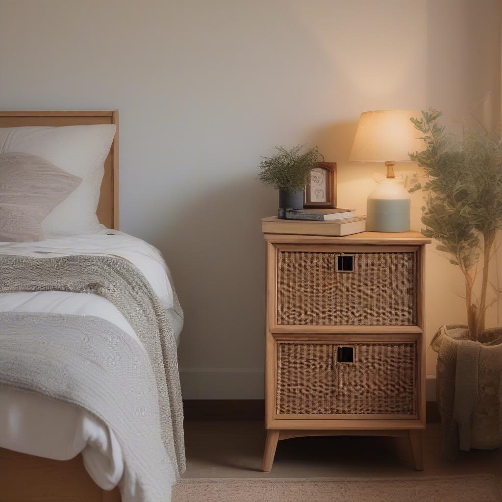 A wicker cabinet used as a nightstand in a bedroom setting.