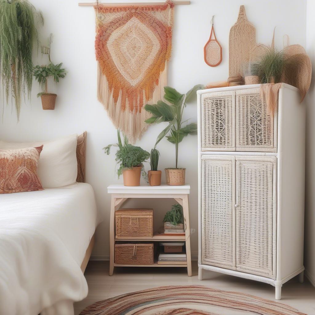 Wicker cabinet in a bohemian style bedroom