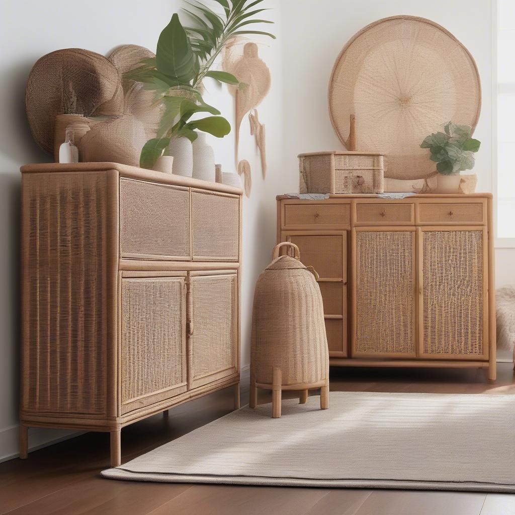 Wicker cabinets styled in different interior design settings, showcasing their versatility.