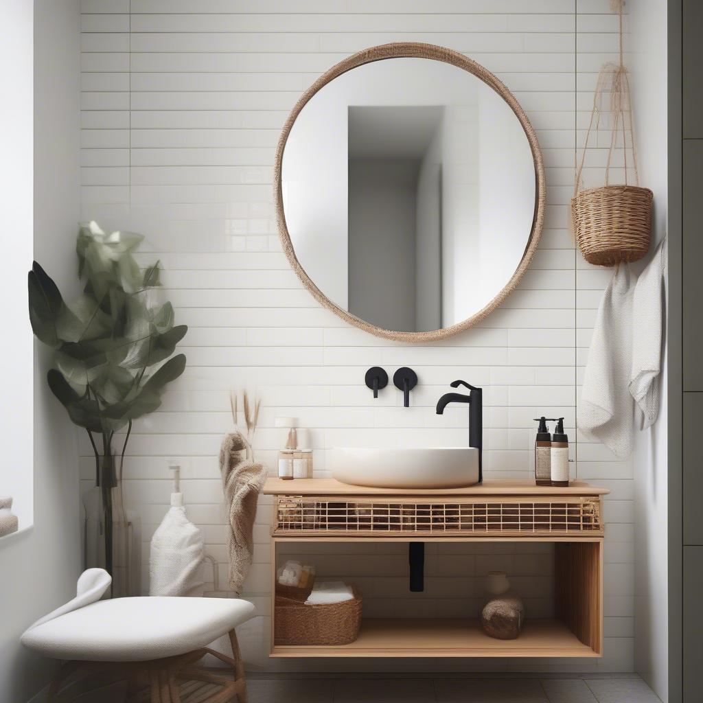 A wicker cabinet in a modern bathroom setting