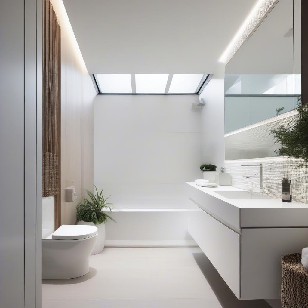 A wicker wall cabinet in a modern bathroom setting.