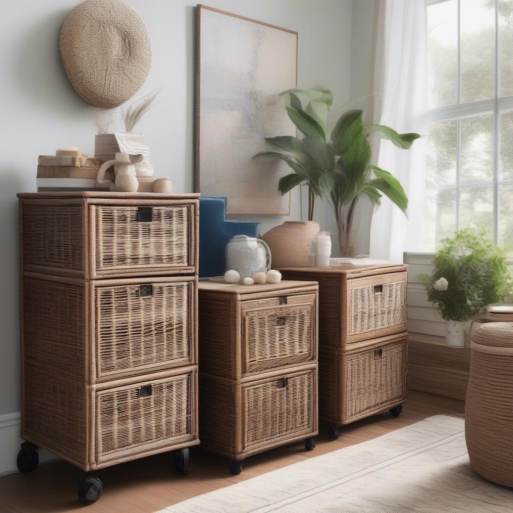 Wicker filing cabinet in different interior design styles