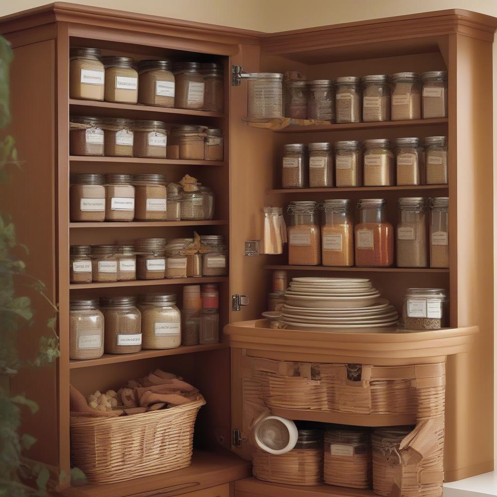 A wicker wall cabinet used for kitchen organization, showcasing the storage of spices, dry goods, cookbooks, and small appliances using wicker baskets and containers for efficient space utilization.