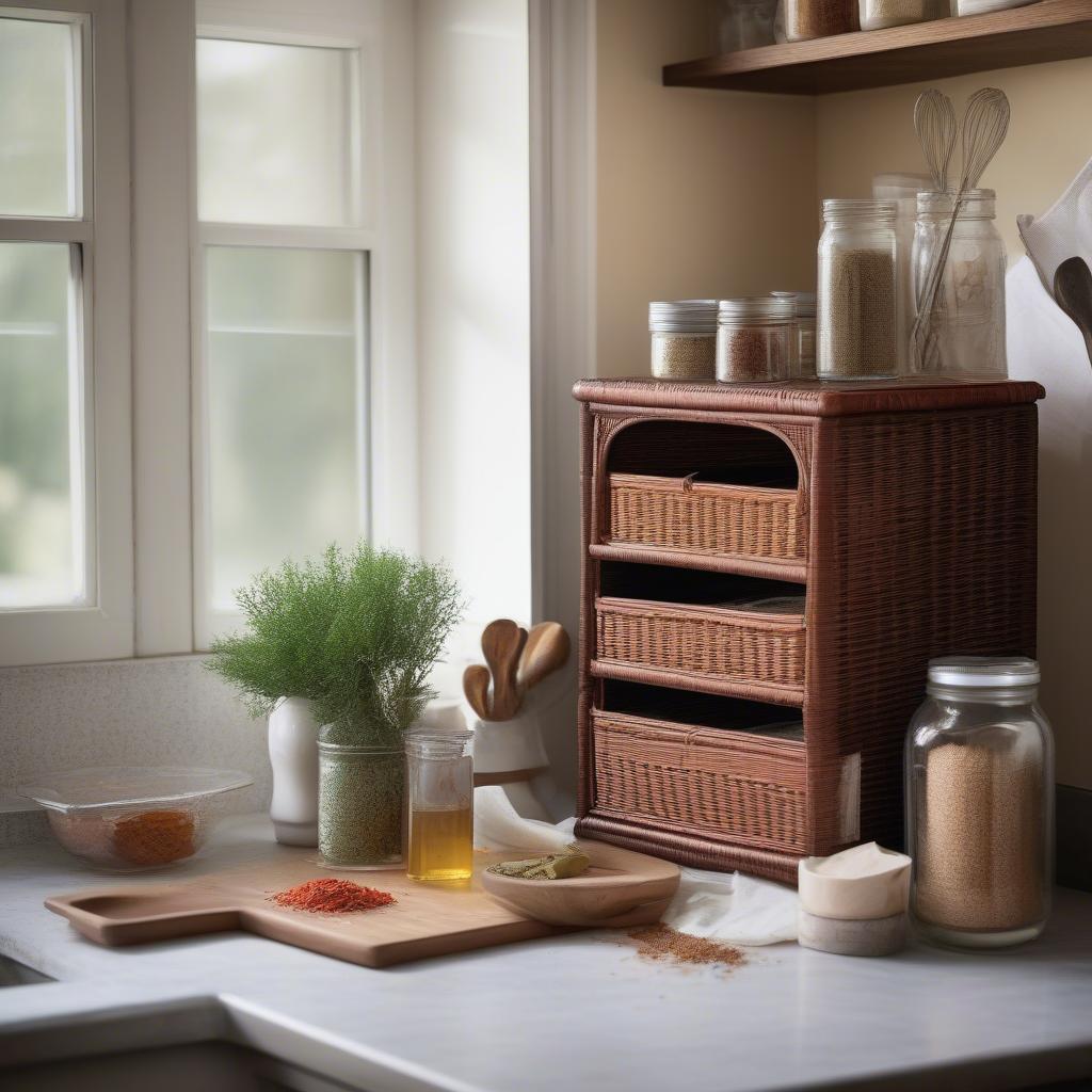 Wicker cabinet providing extra storage in a kitchen