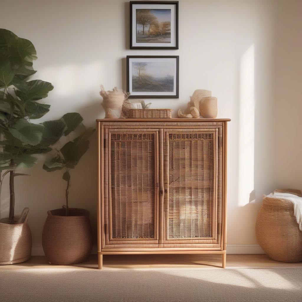 Wicker cabinet with doors in a living room setting