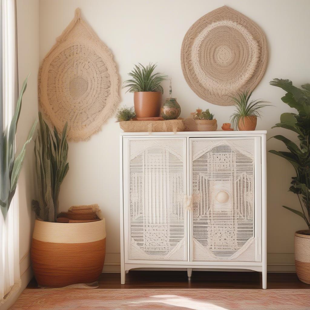 Wicker cabinet with doors in a bohemian style living room