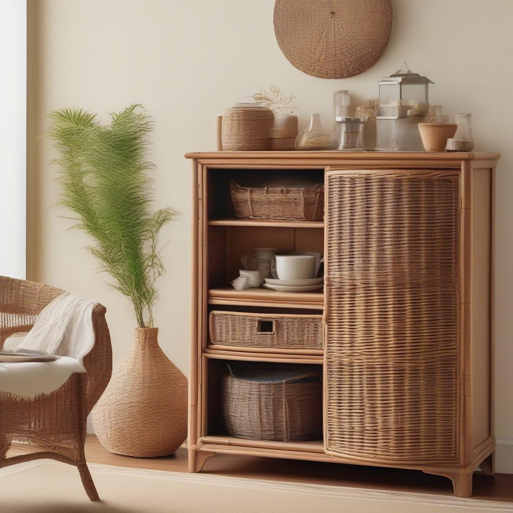 Wicker cabinet in a living room setting, showcasing its natural beauty and adding warmth to the space.