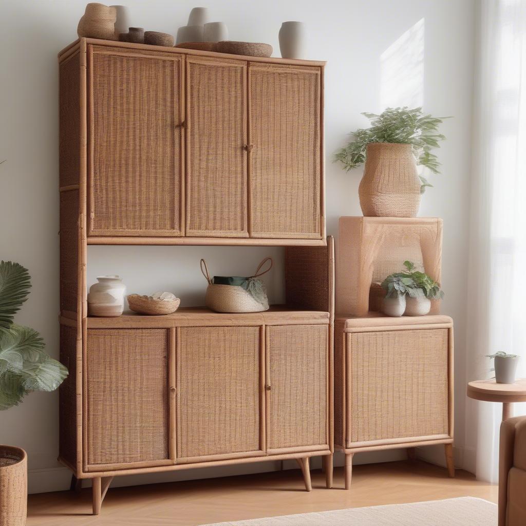 Wicker cabinet in a living room setting, showcasing its natural beauty and storage capabilities